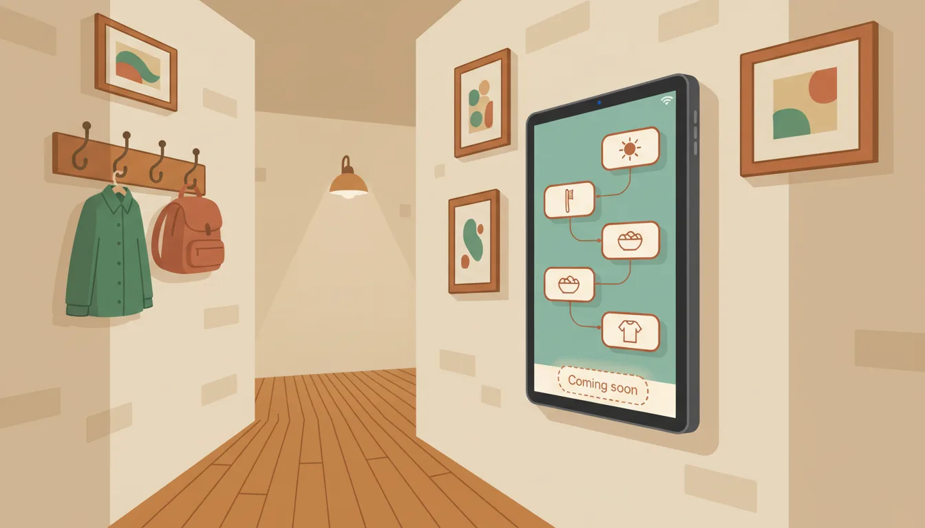 Wall-mounted Cresci device in a hallway, screen showing a routine flow with a 'Coming soon' step