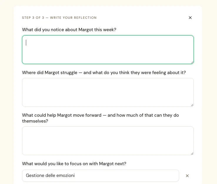 Parent reflection form with guided prompts and goal tracking