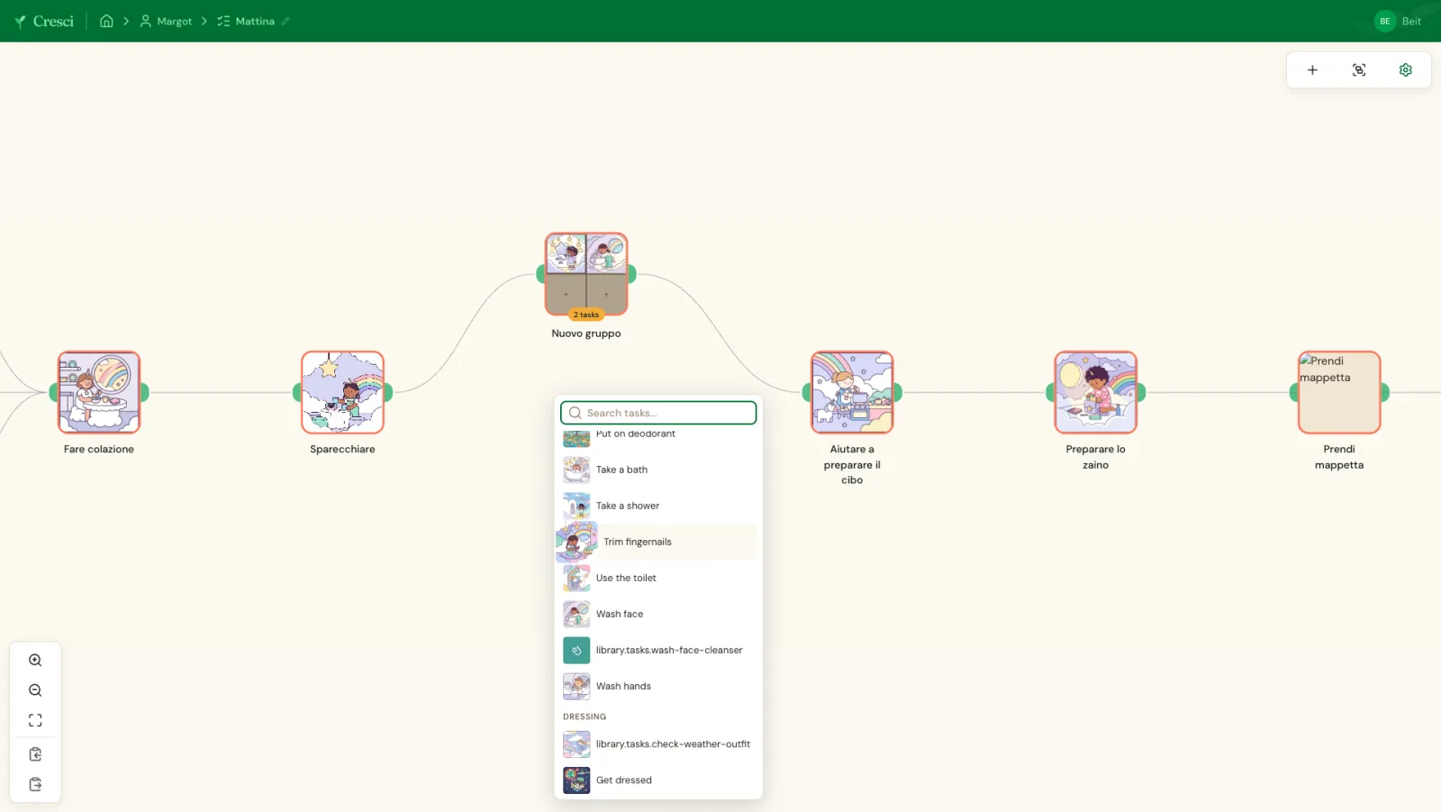 Parent's drag-and-drop routine editor with connected task nodes